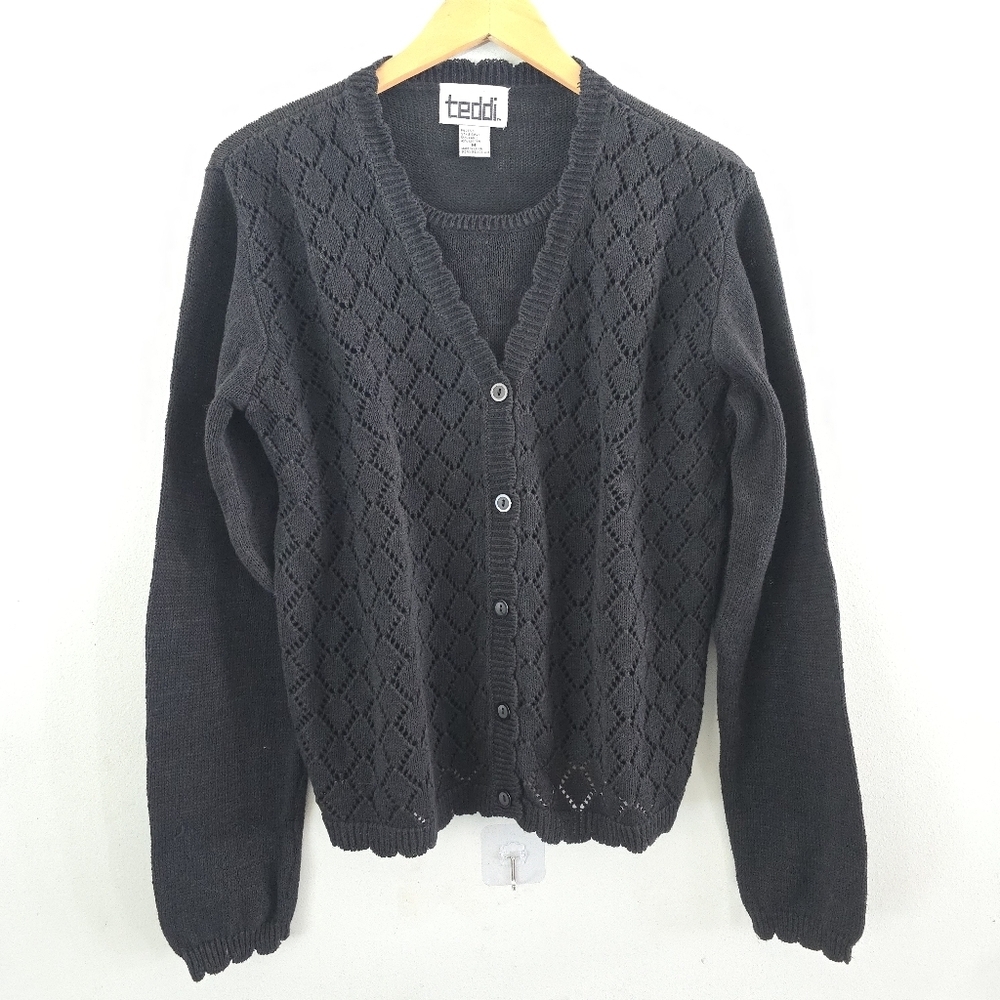 Teddi Vintage M Black Crochet Layered Sweater Cottagecore Grandma *read - Picture 1 of 11